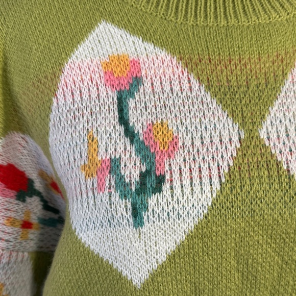 Zaful Lime Green Floral Argyle Crewneck Sweater - Picture 3 of 10